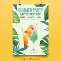 Elegant Poster With Summer Party Watercolor Leaves