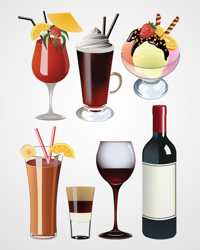 Coctail, Wine Glass and Ice Cream Vector Set 