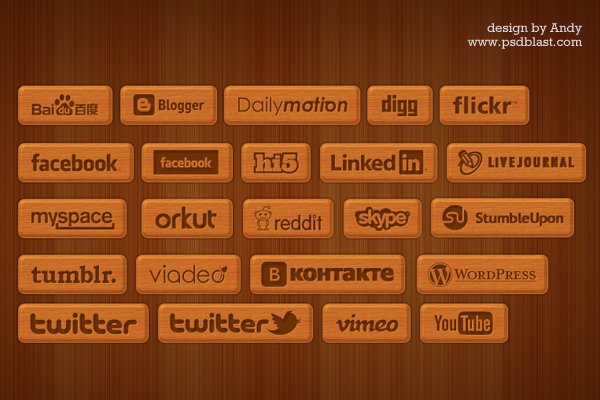 23 Wooden Style Social Icons