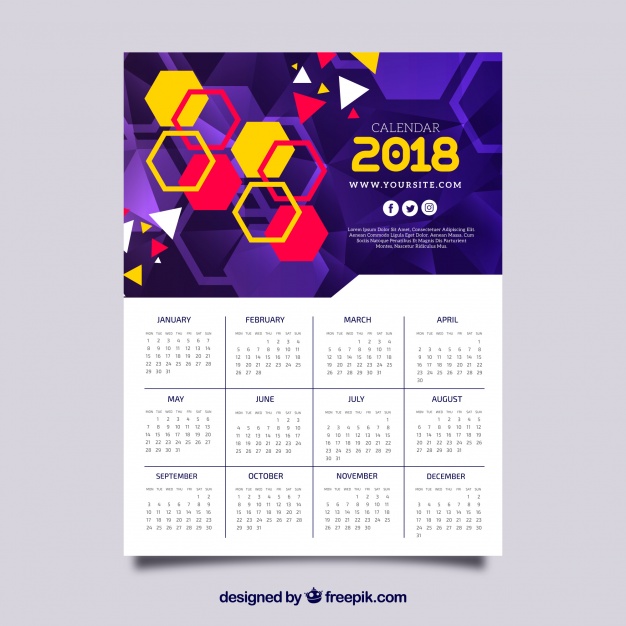 2018 Calendar With Colorful Hexagons