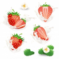 Set Of Whole And Half Strawberries With Flowers