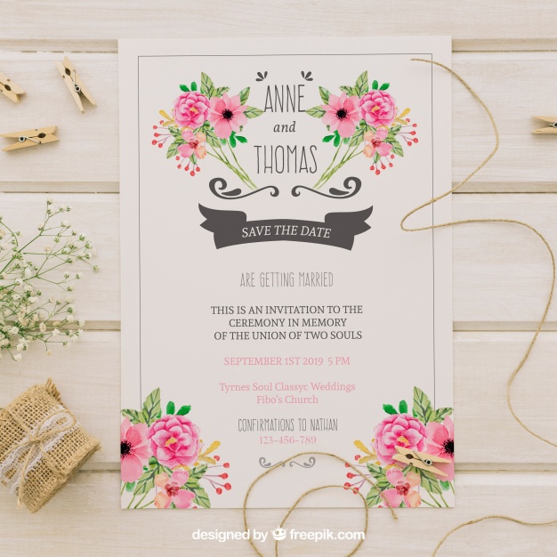 Wedding Invitation With Watercolor Flowers 