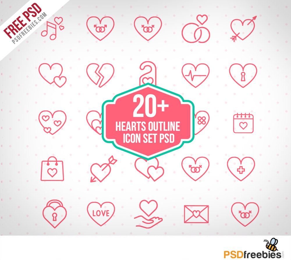 20+ Hearts Outline Icon Set PSD