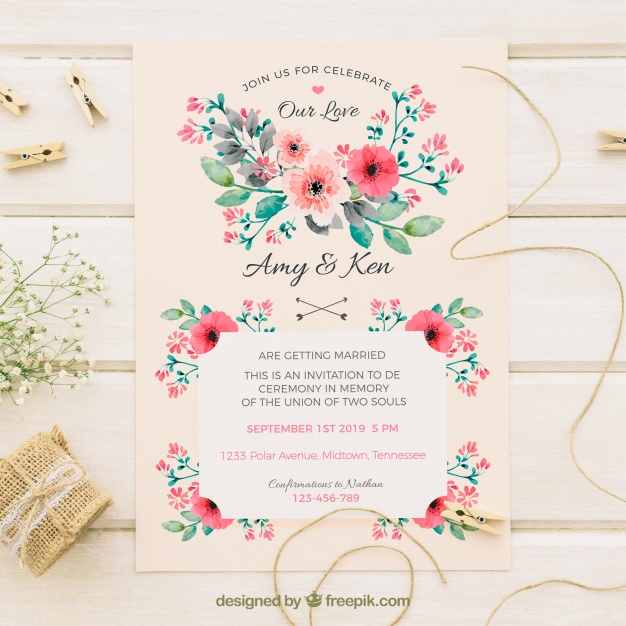 Vintage Wedding Invitation With Watercolor Flowers