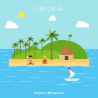Summer Landscape Of Island In Flat Design