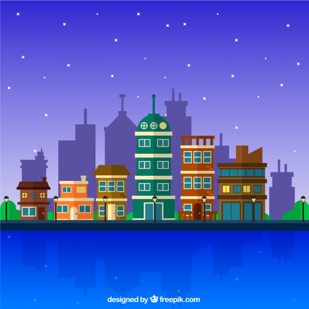 Night City With Buildings Background In Flat Design