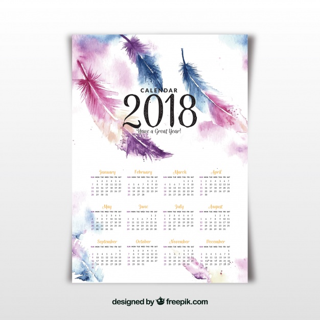2018 Calendar With Watercolor Feathers